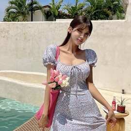厂家批发法式小碎花裙式泳衣女甜美泡泡袖遮肉保守显瘦学生温泉