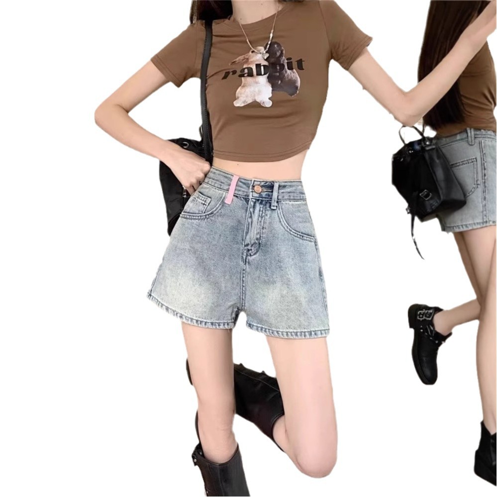 Pantalones Cortos de Mezclilla de Talle Alto de Poliéster, Microelástico