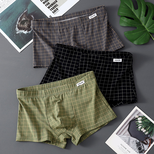 Grid Men's Underpants, Pure Cotton Breathable Square Pants, Youth Boys' Flat Shorts, Head Underwear, Wholesale and Dropshipping