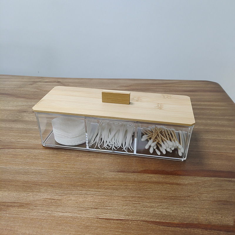 Rectangular three-grid bamboo cover desktop with cover plastic dustproof cotton ball cotton swab cosmetic cotton storage box factory outlet