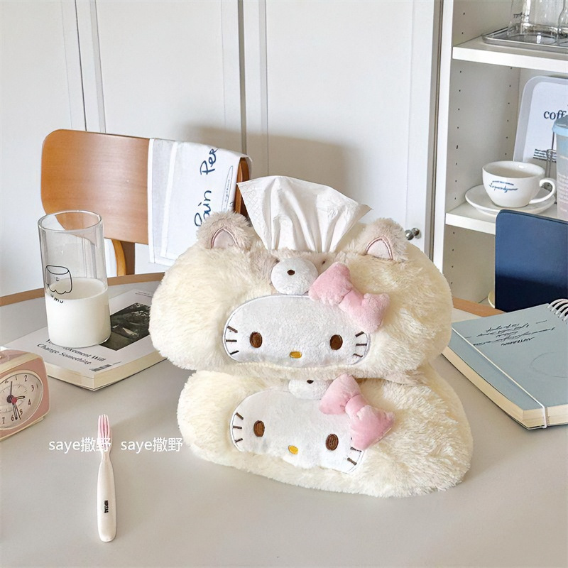 Cute kitty cream yellow plush tissue box for home use in the living room, bathroom, or car