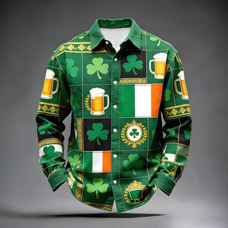 Amazon Independent Site Cross-Border St. Patrick's Day Clover Beer Print Long-Sleeved Shirt Ireland