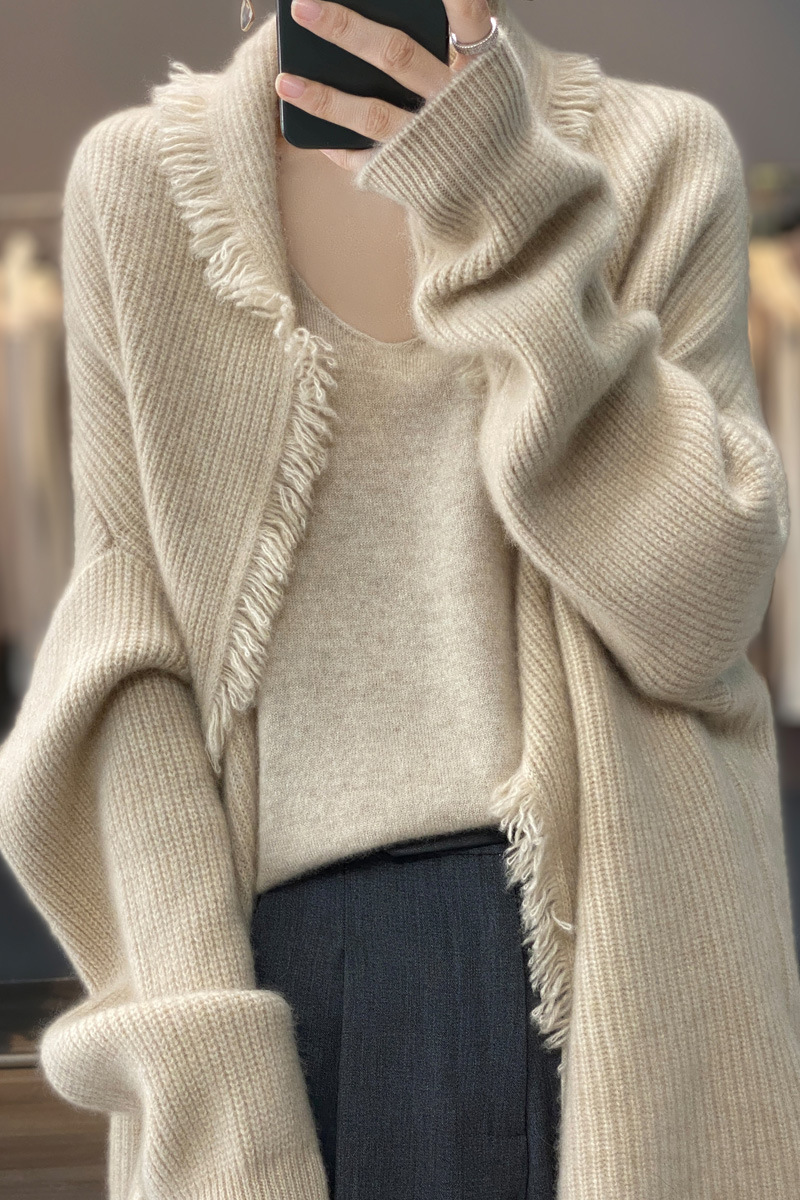 Damenbekleidung Western-Stil mittellange Strickjacke für Damen 2024 Herbst neuer fauler lockerer großer Schalpullovermantel_voghion.com