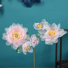 新古風手作りオリジナルデザインの漢服の頭飾りピンクのハスの花の柔らかい棒のガーゼのヘアピンの漢服の髪飾り