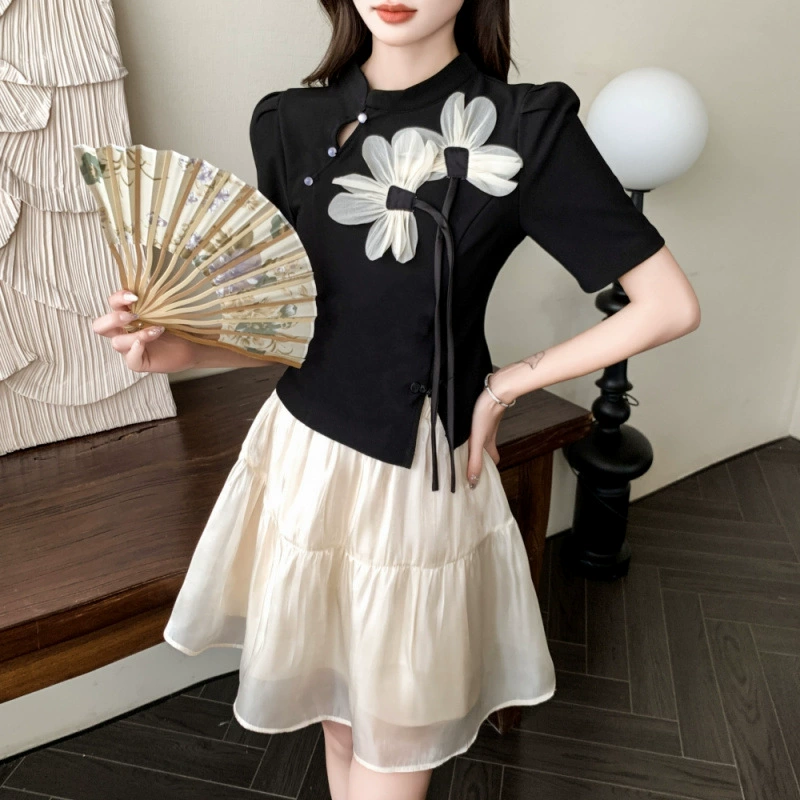 Настоящий выстрел 2025 весна и лето новый китайский стиль цветов с пряжкой топы с короткими сетчатыми пряжками