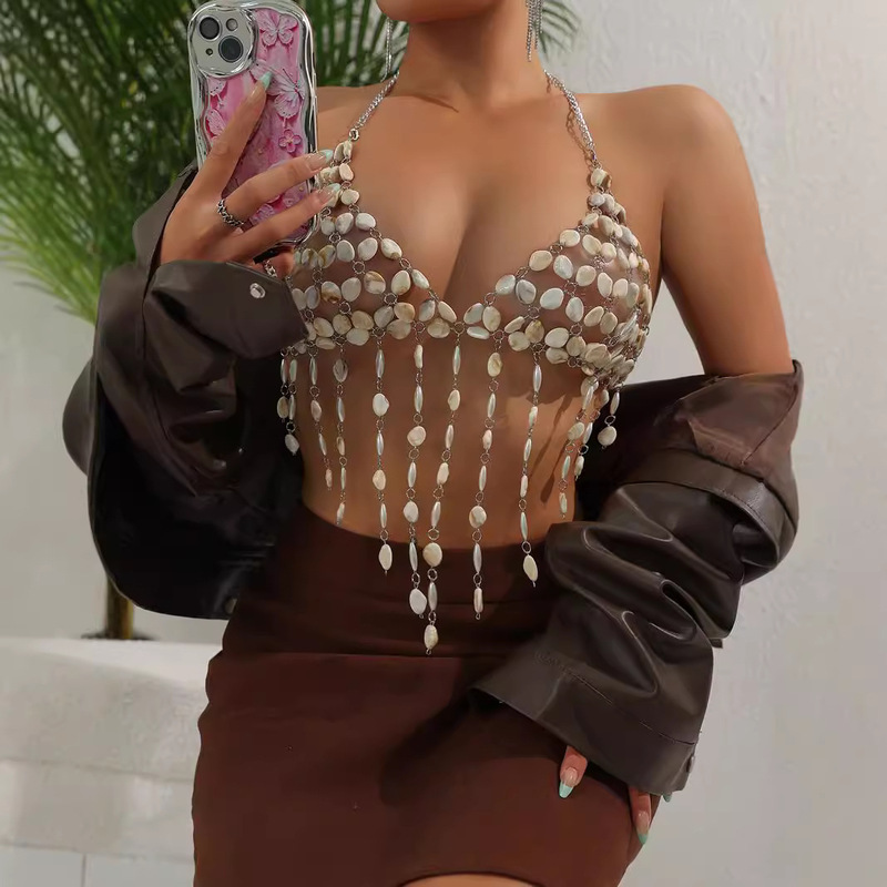 European and American Cross-Border 2026 Pearl Handmade Vest Summer Beach Vacation Sexy Tassel Backless Chest Accessory H23004