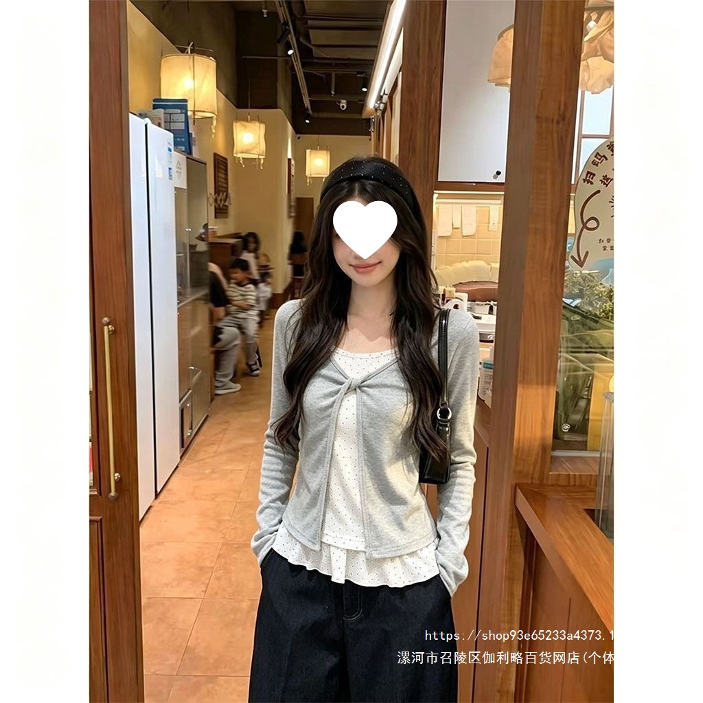 扭结假两件长袖恤女浅灰色上衣爆款多巴胺秋季漂亮波点花边小众