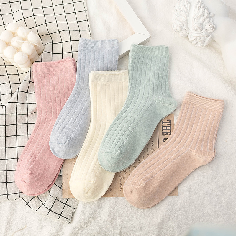 Calcetines de otoño e invierno a media pierna calcetines de algodón de color sólido medias transpirables absorbentes de sudor Medias Vintage imitación doble aguja calcetines a rayas al por mayor