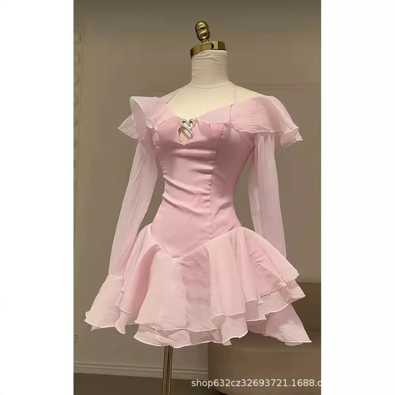 Pure Style Sexy Neck dress Women's Autumn French Style Gentle Salt Romantic Ruffled Seaside Holiday Skirt