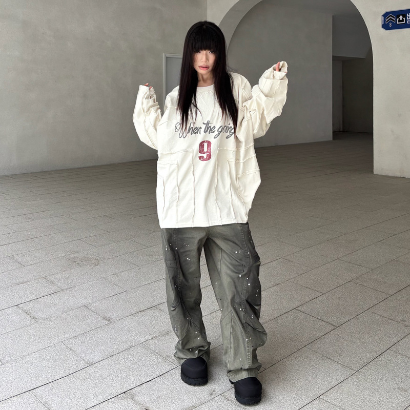 嘉衣库男装2025新款美式球衣街头潮牌T恤长袖机车风拼接毛边卫衣|undefined