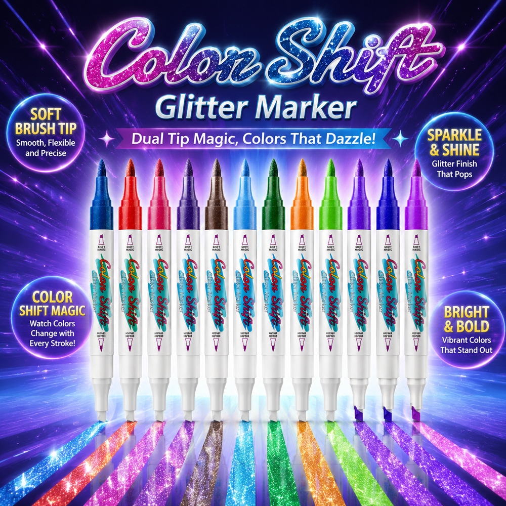 Cross-border Color-Changing Glitter Marker Pen Set for Children's Creative Doodling, Color-Changing Glitter Pen, Double-Ended Marker Pen