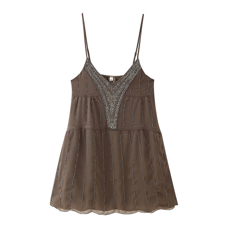 Foreign Trade Cross-Border Wholesale 2025 New Summer European and American Fashion V-Neck Beaded Sequin Embroidered Strapless Short Dress Foreign Trade Cross-Border Wholesale 2025 New Summer European and American Fashion V-Neck Beaded Sequin Embroidered Strapless Short Dress