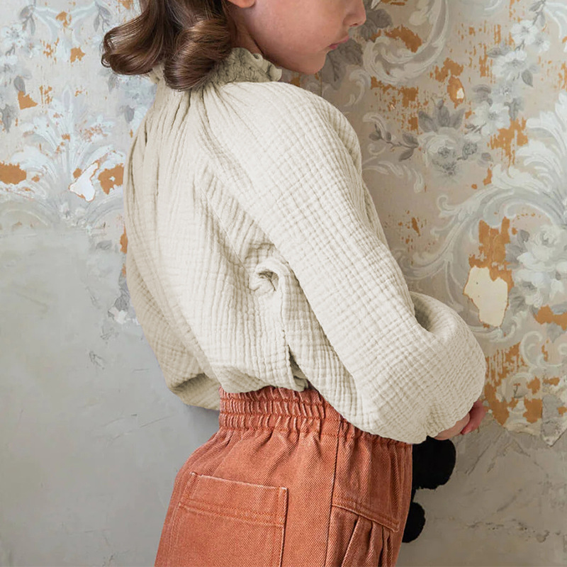 Primavera nueva camisa para niños suéter de oreja de madera camisa de manga larga algodón gasa de doble capa camiseta agradable para la piel bebé niña