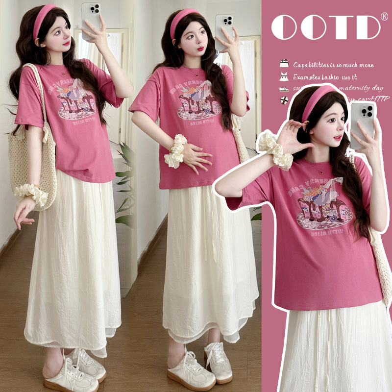 Real Shot in Stock~Maternity Summer Suit, Fashionable Loose and Cute Shirt Top + Skirt Two-Piece Set