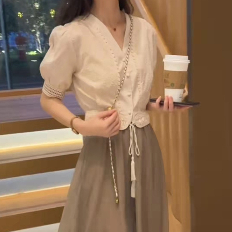 フランス風茶休初恋甘美シャツ網糸スカートスーツデザイン感小衆優しい風ワンピース女夏|undefined