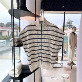 南油篙品2025春夏新款BC撞色条纹镂空拉链亮片亚麻针织无袖马甲女