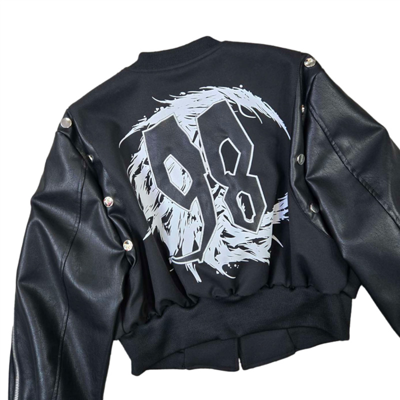 Chaqueta de Béisbol con Cuero para Mujer de Piel Sintética PU Cierre de Cremallera, Bordado