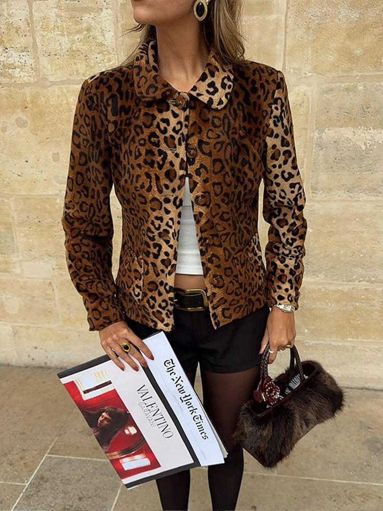Chaqueta Corta de Lana de Poliéster con Estampado de Leopardo y Botones