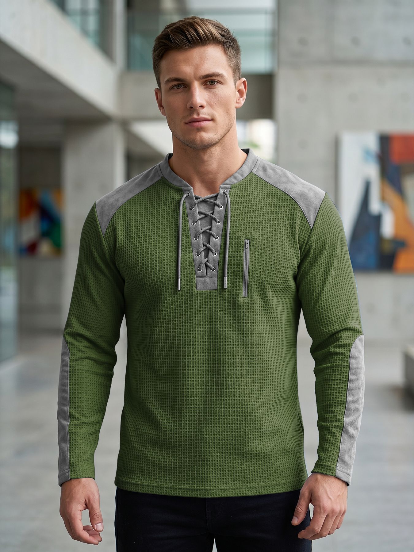 Europa y Estados Unidos transfronterizos hombres primavera y otoño correa chaqueta de color waffle manga larga ocio comercio exterior deporte chaqueta transpirable