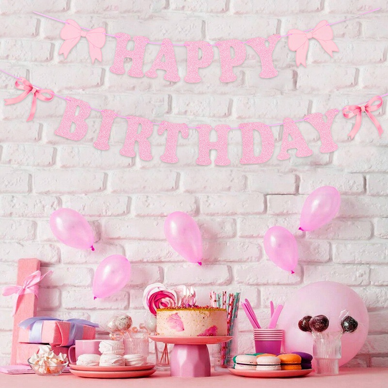 ブラックピンクのリボンテーマ誕生日旗バナーケーキ挿入行パーティースパイラルバルーンパーティーデコレーション|undefined