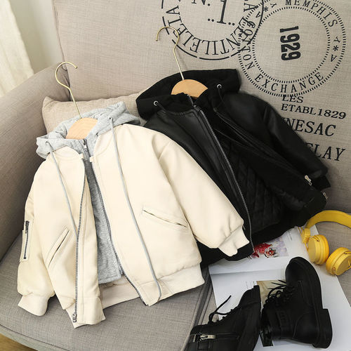 Children's winter padded leather jacket 2025, unisex faux two-piece leather jacket for toddlers, fashionable outerwear for babies