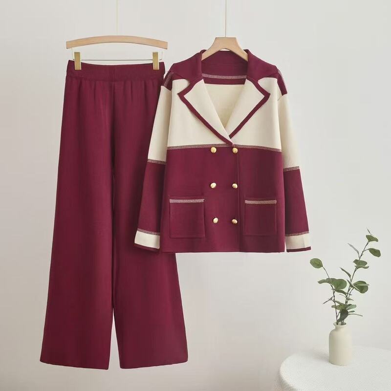 Cross-border temperament suit collar suit women 2024 spring and autumn new double-breasted knitted jacket wide leg pants two-piece set