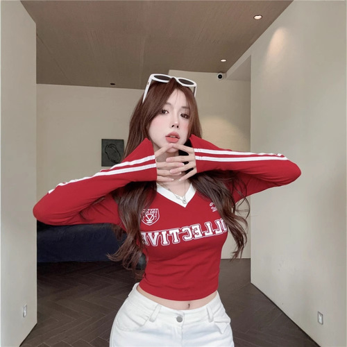 American-style sport striped long-sleeve t-shirt for women, early autumn wear, spicy girl V-neck short-sleeve padded shoulder top, slim-fitting base layer shirt for layering