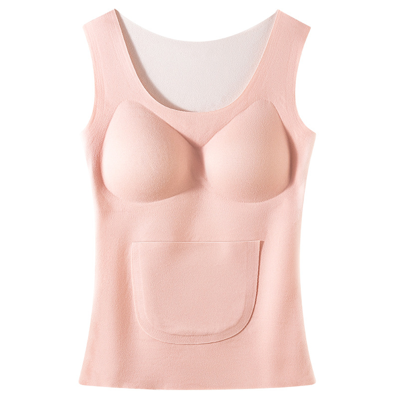 추적 없는 패션 포켓 따뜻한 조끼 가슴 패드 여성용 기모 전면 및 후면 더블 포켓 난방 속옷 벨벳베이스 탑