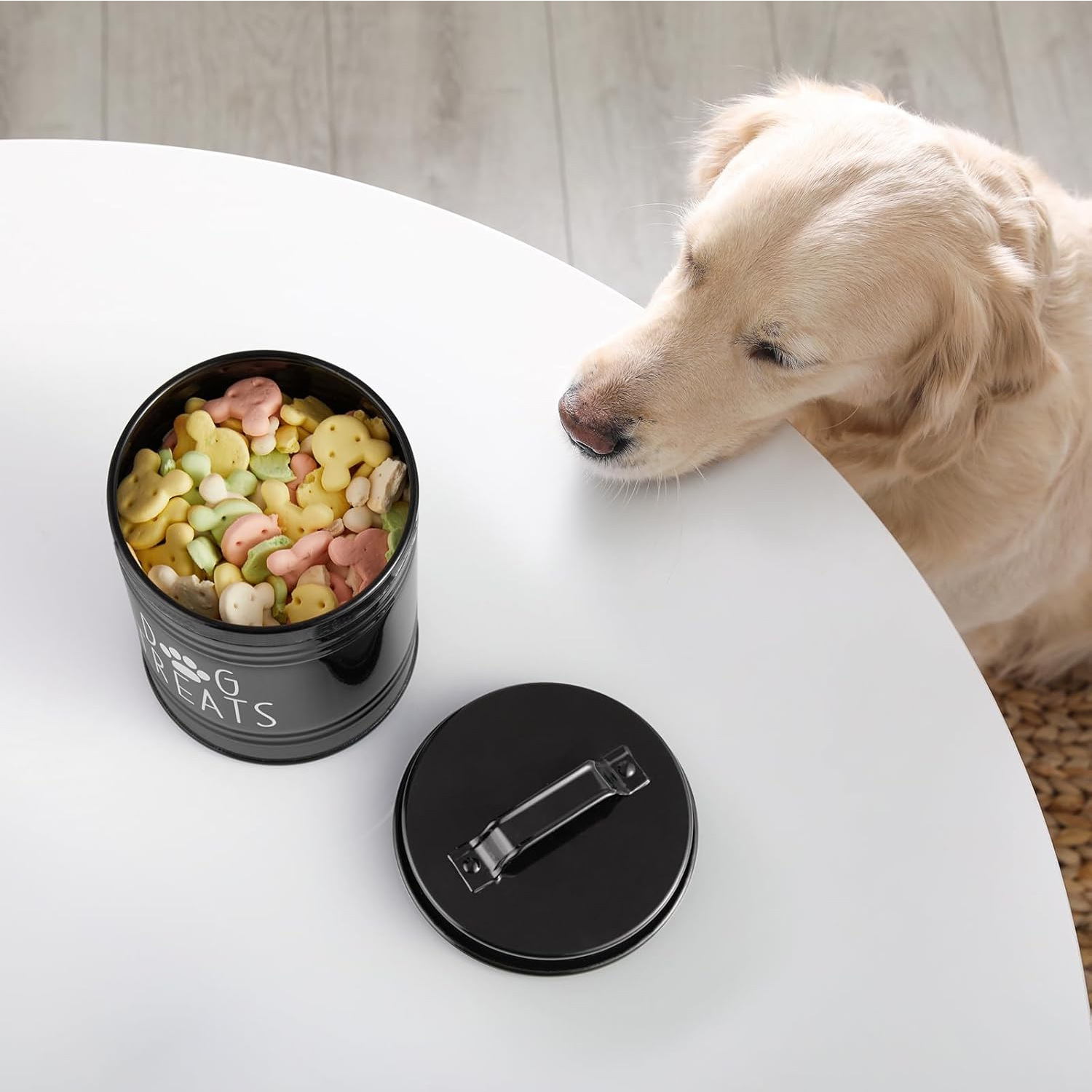 Cubo de almacenamiento de comida para perros, hierro forjado, caja de almacenamiento de comida para mascotas domésticas transfronterizas, bocadillos para perros y gatos, hueso, lata sellada de metal de gran capacidad
