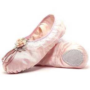 Girls pink modern ballet dance shoes crystal satin flower heads soft bottom shoes modern gymnastics little swan lake ballet shoes athletic shoes 