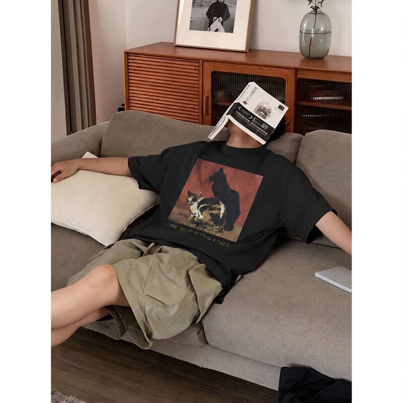 260g Sorona Cool Summer Men's Short-Sleeve T-Shirt Retro Cat Oil Painting American Trendy Brand Cool Loose Fit 260g Sorona Cool Summer Men's Short-Sleeve T-Shirt Retro Cat Oil Painting American Trendy Brand Cool Loose Fit