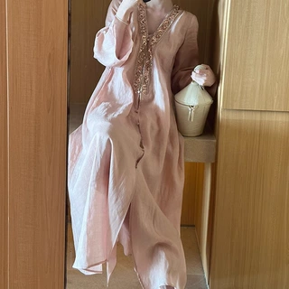 现货Floating重工钉珠V领轻奢名媛度假风高级感长裙女苎麻连衣裙