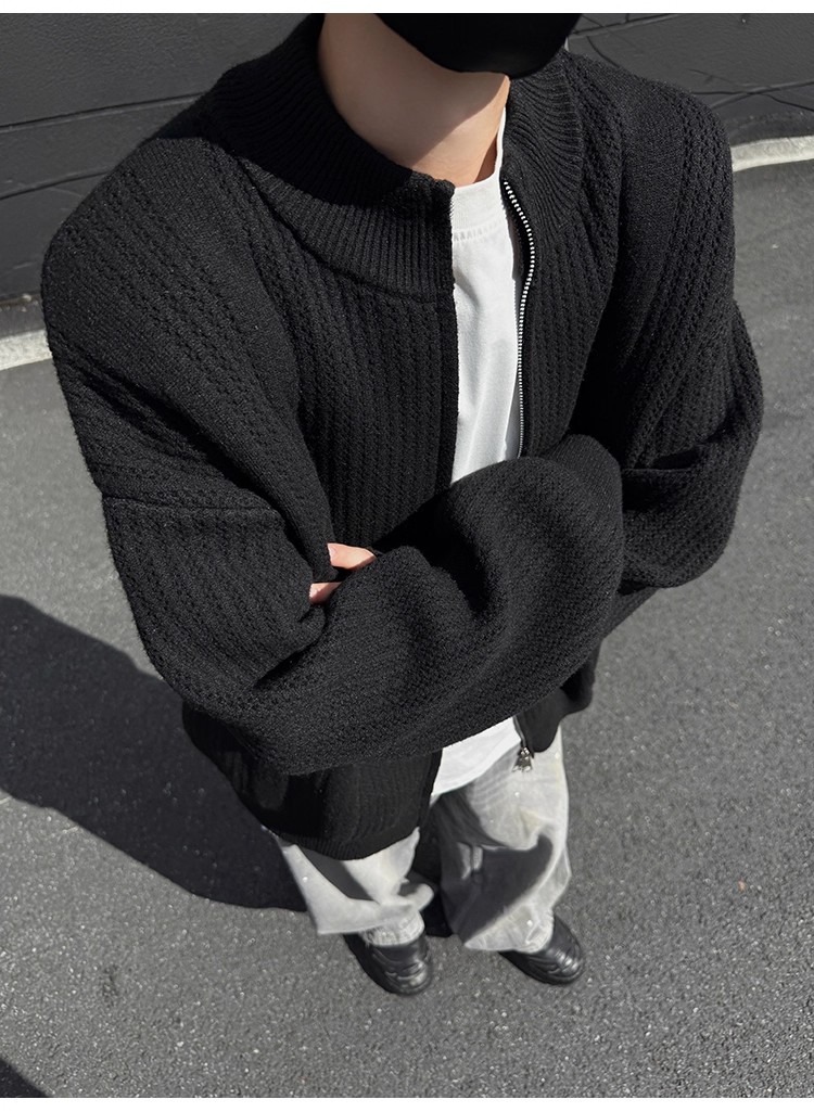 Men's Stand Collar Knit Cardigan Oversized Pullover Sweater_voghion.com