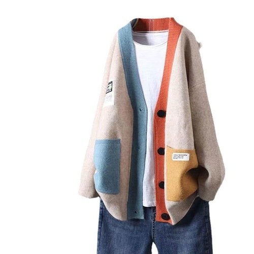 Artistic Autumn New Item Striped Loose Long-Sleeve Contrast Color Knit Women's Cardigan Casual Thick Buttoned Sweater Coat