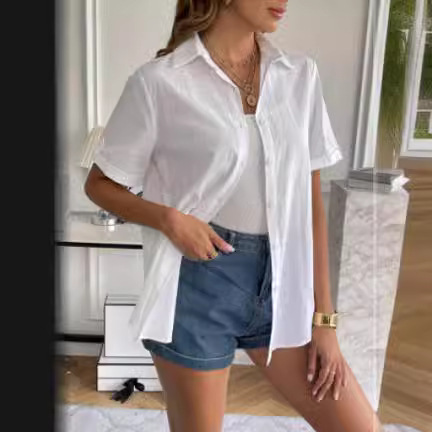 Amazon Temu Bestselling Cotton Linen Women's Short Sleeve Button-Down Shirt Fashion and Versatile