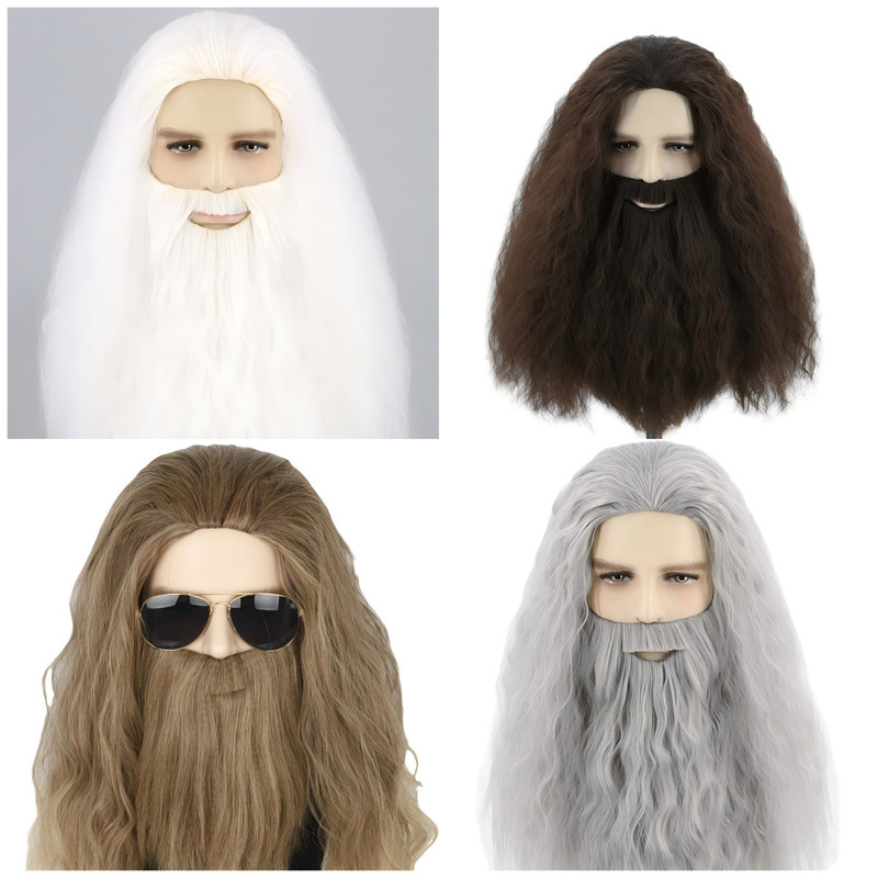 Halloween Holiday Wig Male cosplay Santa Long Curly Hair with Beard Long Beard suit Full Head Cover