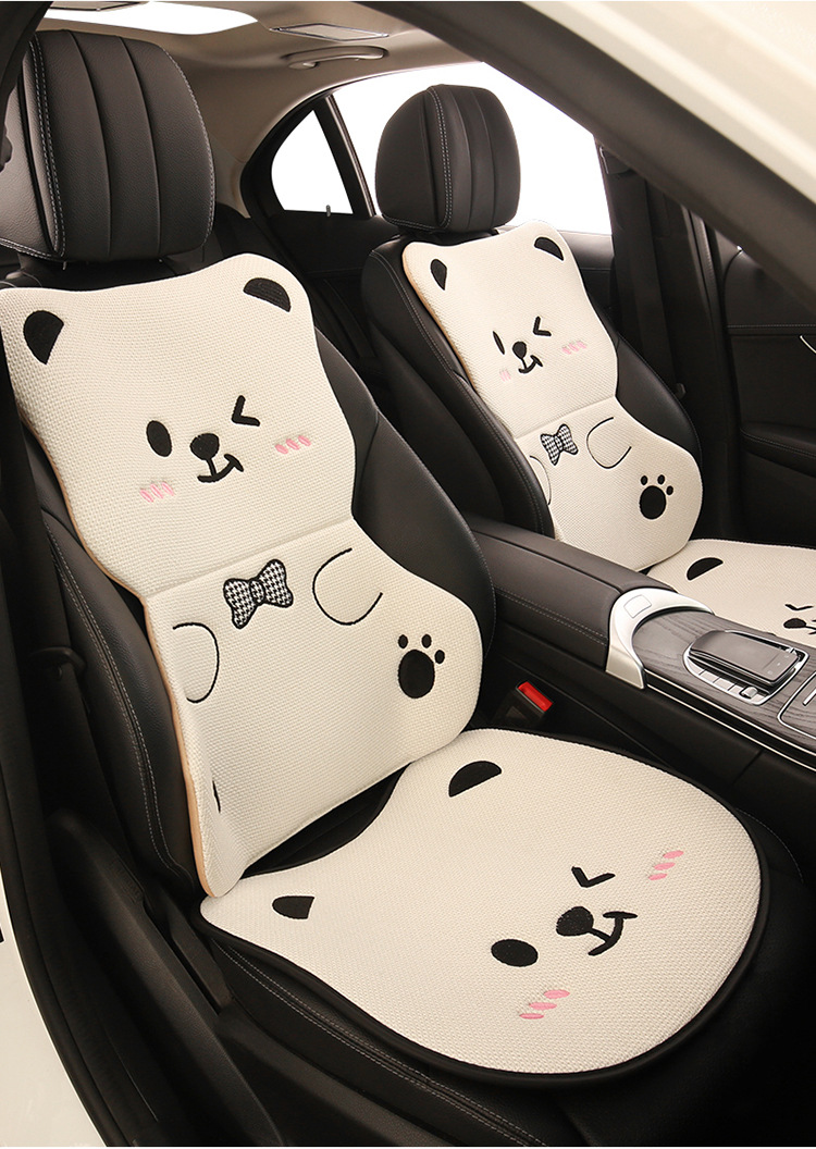 Car Seat Cushion Bear Cartoon Four-Season Universal Non-Slip Anti-Dirt Linen Seat Cover Protective Cover Full-Cover Linen Cartoon