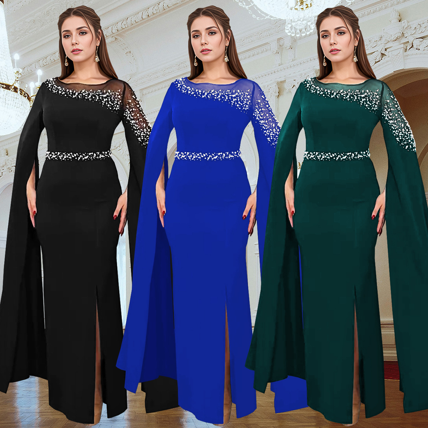 Vestido de noche con mangas tipo capa y pedrería, estilo europeo y americano, de AliExpress y Amazon, para envíos internacionales, modelo C7303.