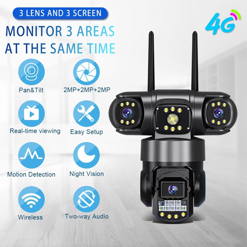 Sc28 Cross-Border Popular Three-Screen Camera Outdoor 360-Degree No Blind Spots Full-Color Night Vision V380 Surveillance Camera