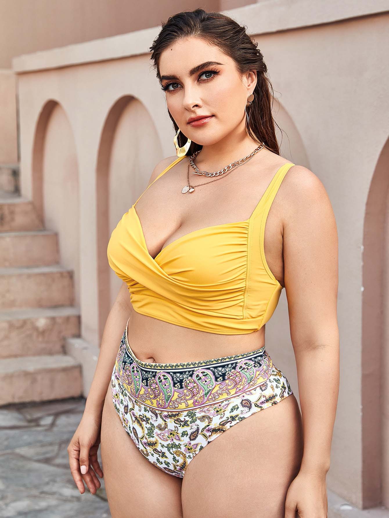 plus size high waist split printing strap swimwear set NSYDS122302