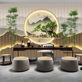 新中式迎客松壁纸茶馆茶室茶叶店山水画壁布电视背景墙办公室壁纸