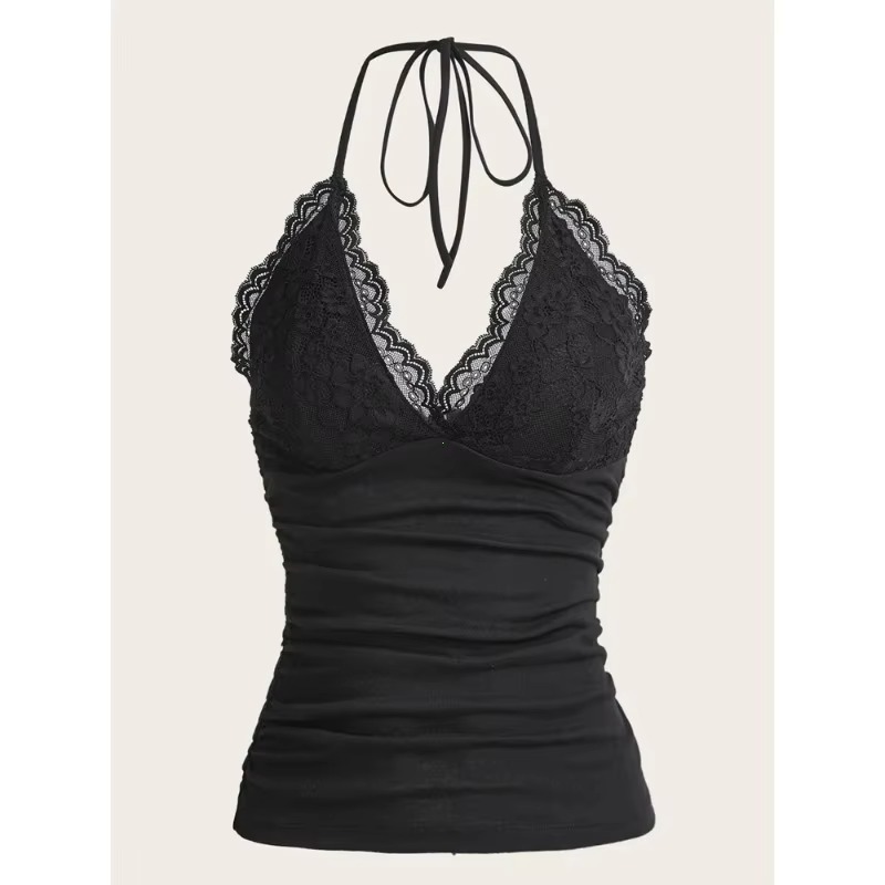 Black Lace Patchwork Cami Top Y2K Women's Clothing Gothic Punk Solid Ruched Sleeveless Vest Streetwear