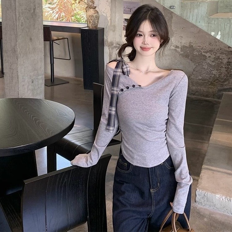 韩系设计感灰色蝴蝶结系带长袖T恤女秋季新款不规则修身露肩上衣|undefined