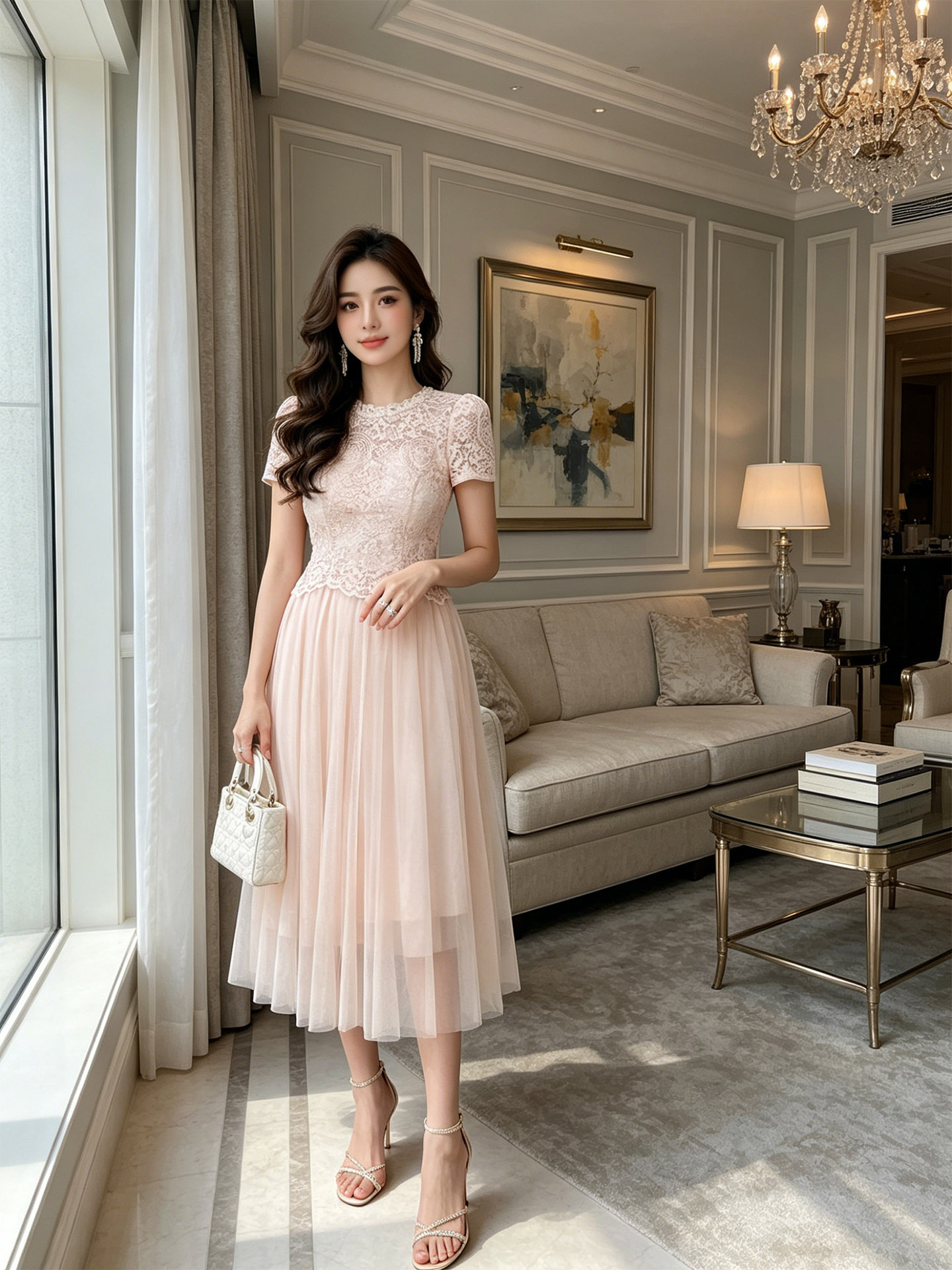 Đầm ren lưới phối cổ tròn đính đá, eo ôm nhẹ, dáng midi thanh lịch — Thịt hồng