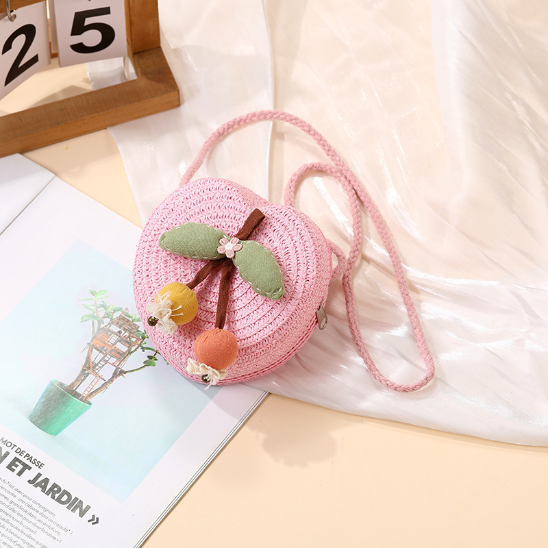 夏の海辺の子供用バッグ、スカート付きのかわいいチェリー織り、休暇用の麦わらバッグ、女の子の携帯電話のクロスボディバッグ|undefined