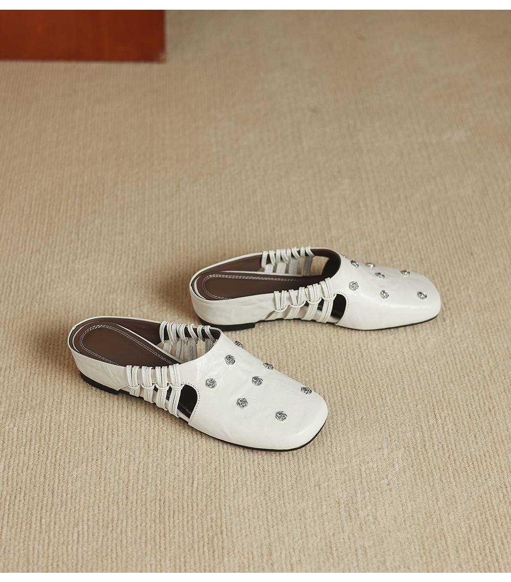 Dép sandal nữ quai chữ V mũi hoa, gót xuồng da dê, đế bệt thoải mái — đen chi tiết 11