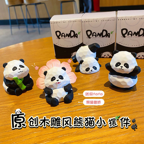 Original Wood Carving Style Cute Panda Daily Series Desk Miniature Resin Panda Bear Plush Gift