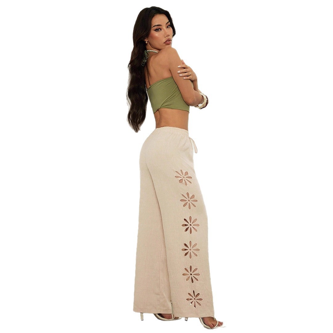 Women's Clothing Women's Casual Trousers Drawstring Hollow Out Solid Color Loose Wide Leg Pants Simple Style_ecoleips.com
