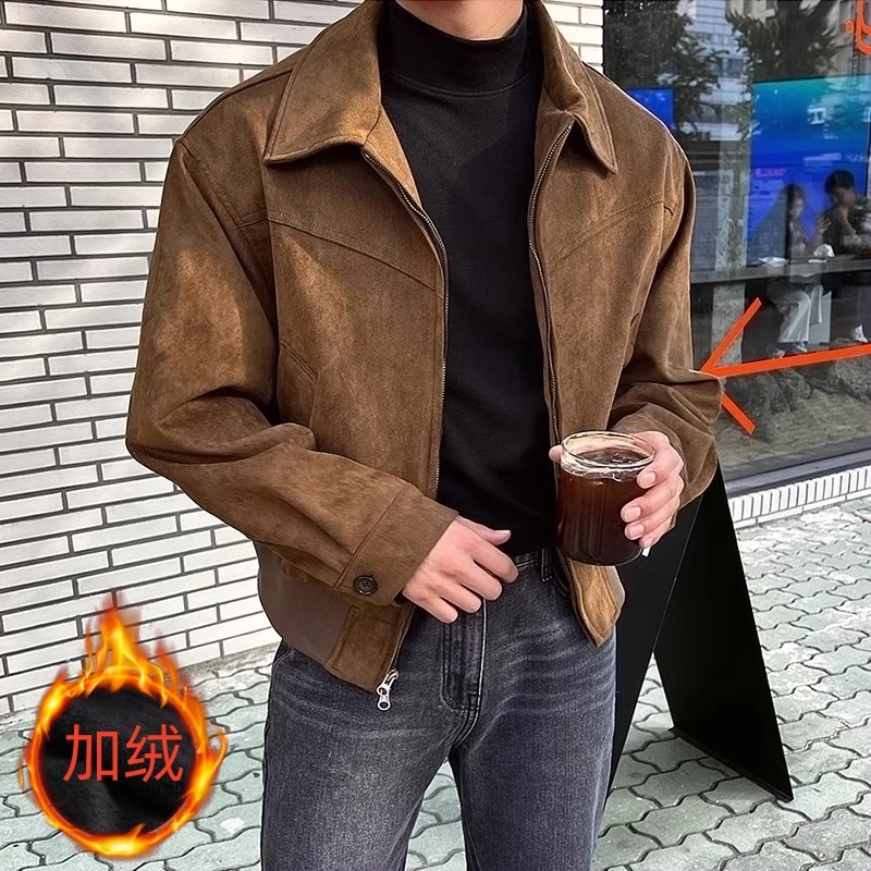 秋冬の韓国のメンズの短いタイプのゆったりした襟とベルベットのジッパーのスエードの飛行ジャケットの香港風のコートの潮