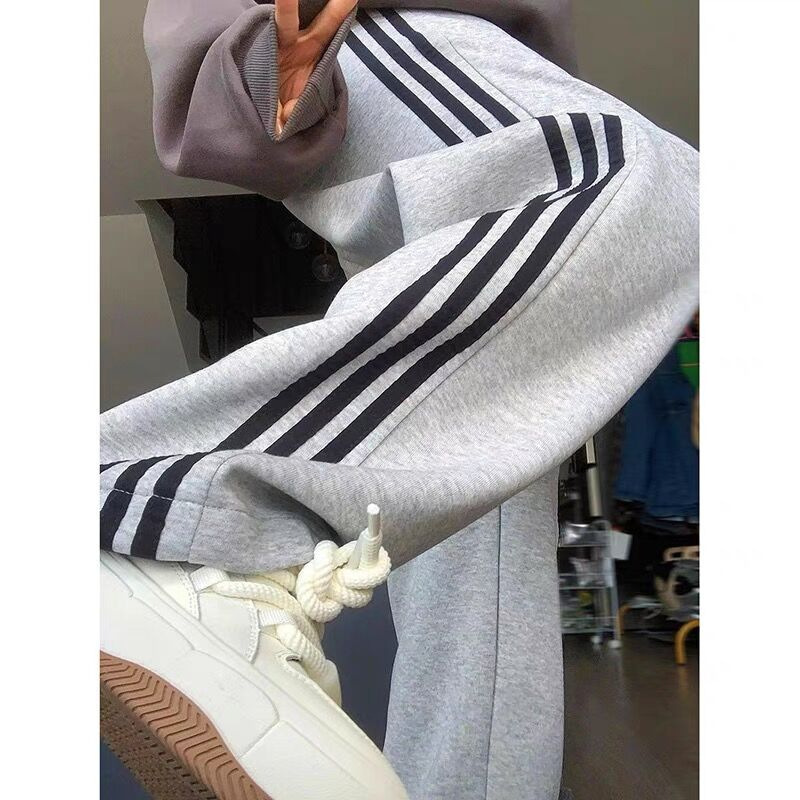 Autumn and Winter fleece-lined heavy striped casual pants men's basketball sports pants loose straight wide-leg pants plus size long pants